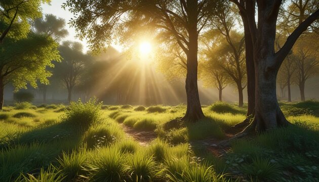 Hayas verdes en un bosque al atardecer con la luz dorada del sol , vegetaci?n, ?rboles, sol