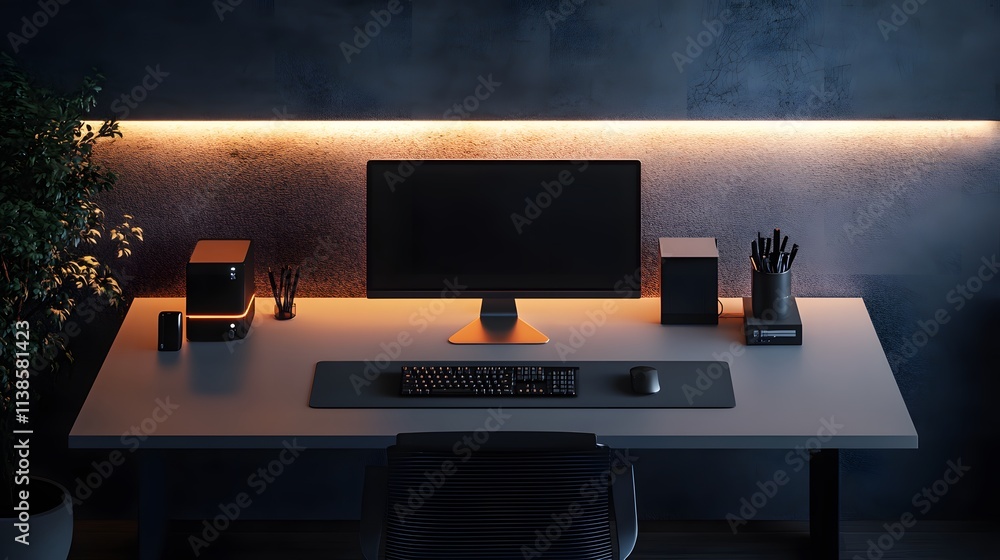 Poster Modern Minimalist Home Office Setup with Ambient Lighting and Clean Lines Showcasing a Sleek Computer and Organized Workspace for Productivity