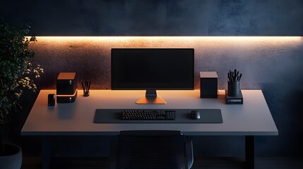 Modern Minimalist Home Office Setup with Ambient Lighting and Clean Lines Showcasing a Sleek Computer and Organized Workspace for Productivity