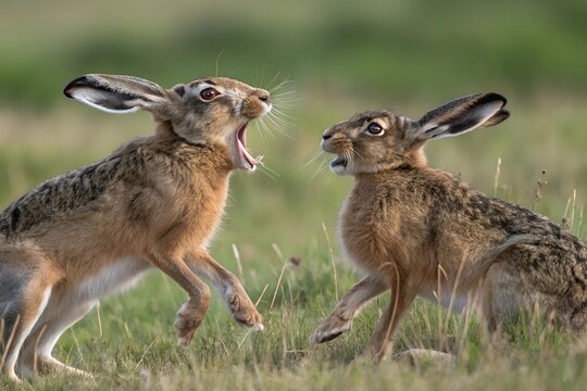 Two aggressive hares face off, their bodies tense, ears flat, and fur bristling. They leap and clash in a flurry of kicks, showcasing their territorial instincts and fierce rivalry.