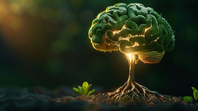 A surreal artistic representation of a brain shaped like a tree, glowing with light, symbolizing growth and creativity against a blurred forest background.