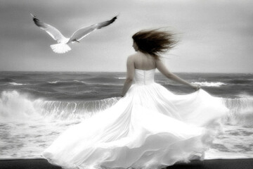 Naklejka premium A woman in an elegant white dress stands gracefully by the beach, her hair flowing in the wind as she gazes at the stormy waves, evoking freedom and longing.
