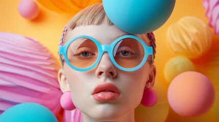 Portrait of a trendy girl wearing bold glasses and surrounded by balloons