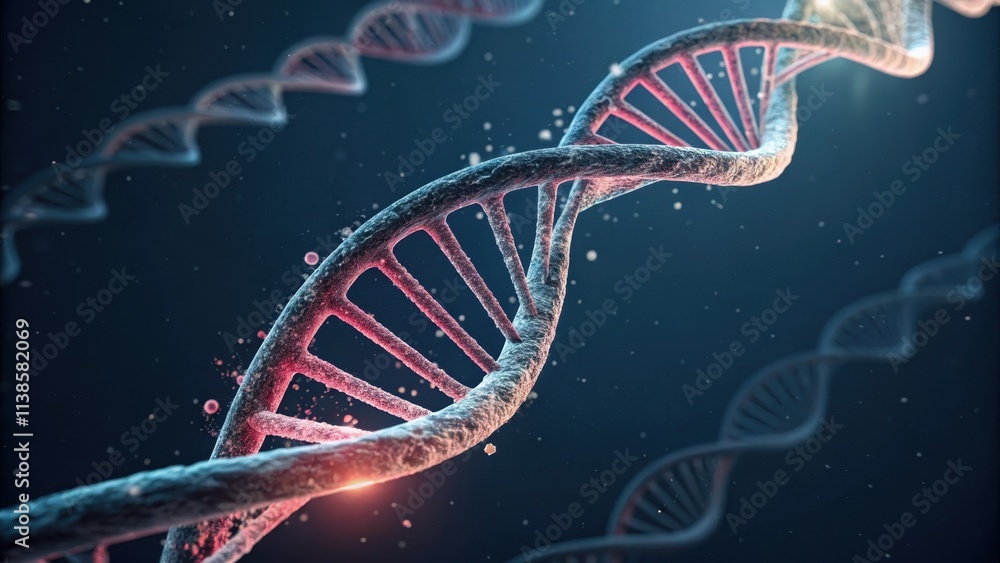 Poster glowing dna strands are rotating, forming a double helix structure, surrounded by particles in a dar