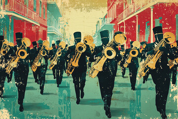 Vintage poster of a Mardi Gras marching band with bold typography