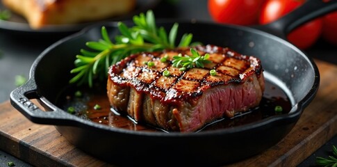 Juicy T bone steak grilled to perfection in a cast iron pan, perfect, juicy