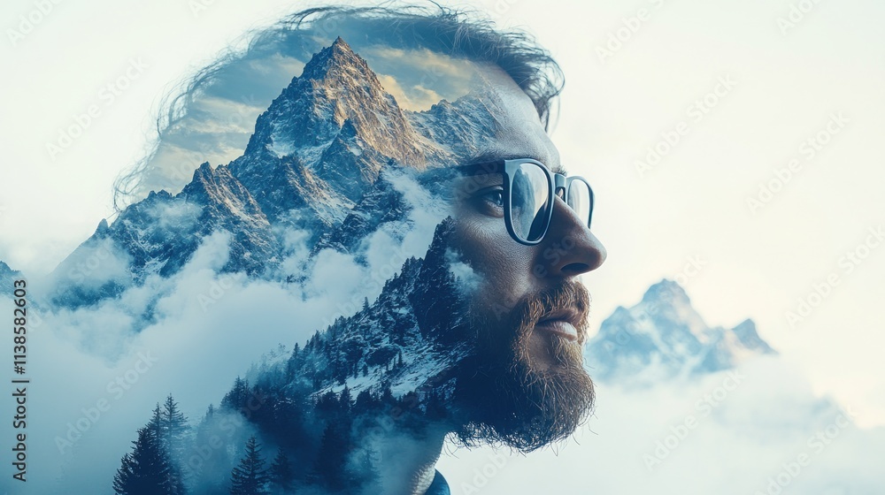 Poster a double exposure of a man with mountains and clouds, symbolizing introspection and nature.