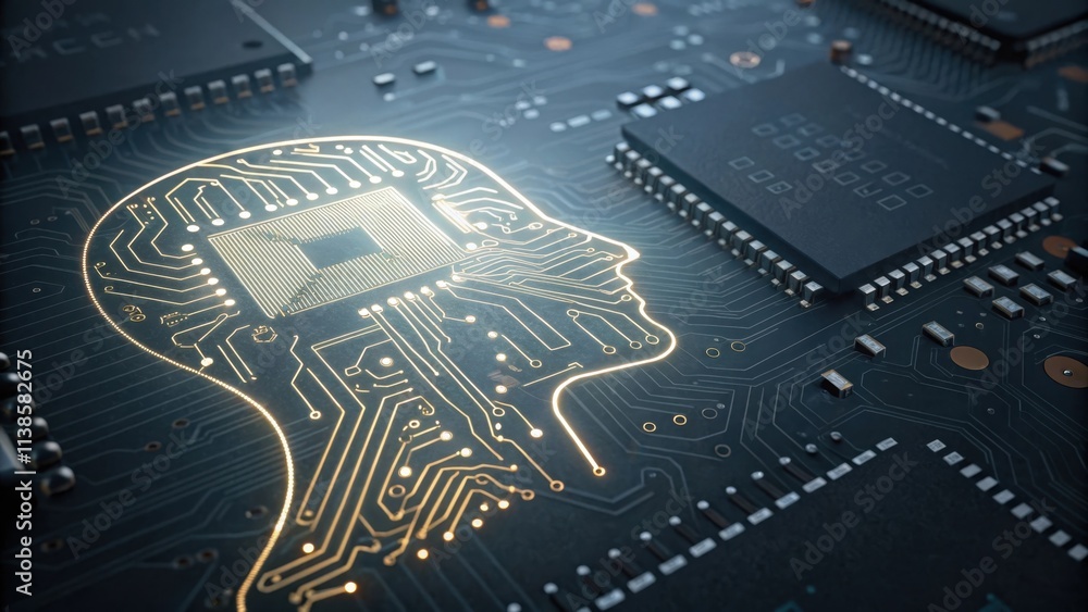 Poster glowing circuits outlining a human head on a computer motherboard illustrate the concept of artifici