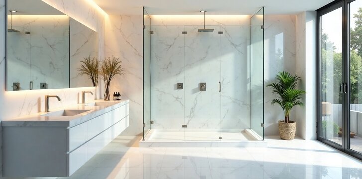 Large format glass enclosure in a modern bathroom with white marble countertops, bathroom, steam