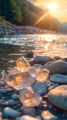 Obraz premium Captivating scene of small fluorite crystals glistening in the gentle sunrise rays by a riverbank