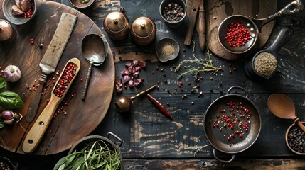 Rustic kitchen table with spices, garlic, and herbs