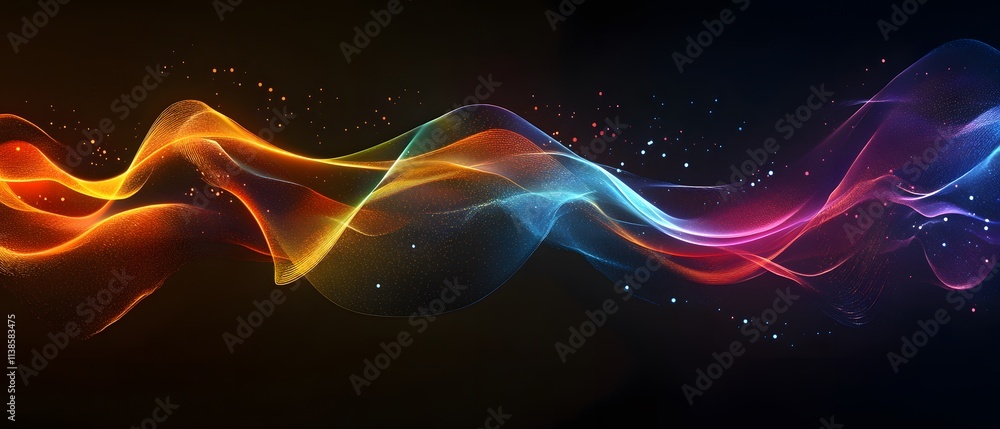 Poster Colorful Abstract Waves of Light on a Dark Background, Creating a Dynamic and Energetic Visual Flow for Art and Design Concepts in Stock Photography