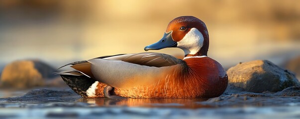 A striking Redhead Duck resting in a sunlit bay