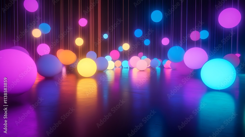 Poster Vibrant and Ethereal Scene of Floating Colorful Spheres in a Dark Space with Illuminated Lines Creating a Dreamlike Atmosphere of Light and Color