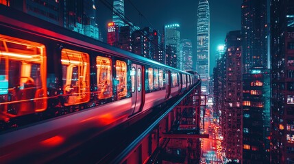Fototapeta premium A high-speed train traveling through a city at night, with bright lights from the skyline casting reflections on the train's body