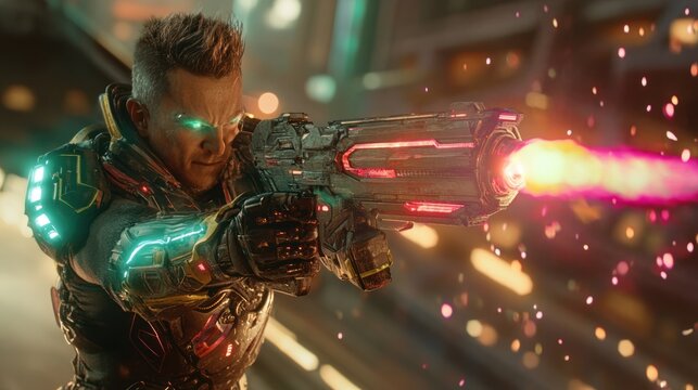 Cyberpunk Soldier Firing Futuristic Weapon in Neon Cityscape