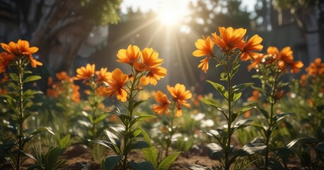 Morning sun casting light on blooming orange flowers, garden scenery, colorful flowers, natural beauty