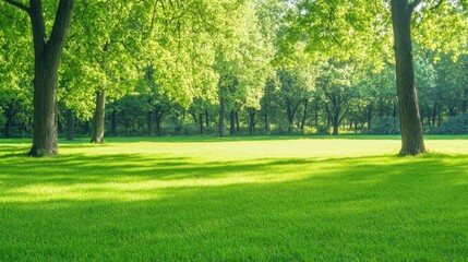 Fototapeta premium Lush Green Park Landscape with Sunlight Filtering Through Tree Canopy