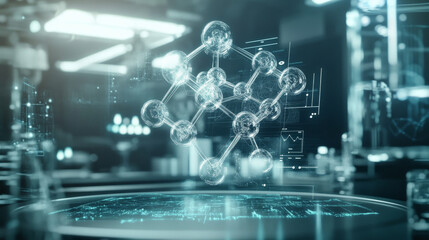 A detailed molecular structure floats in a futuristic laboratory, surrounded by holographic diagrams.