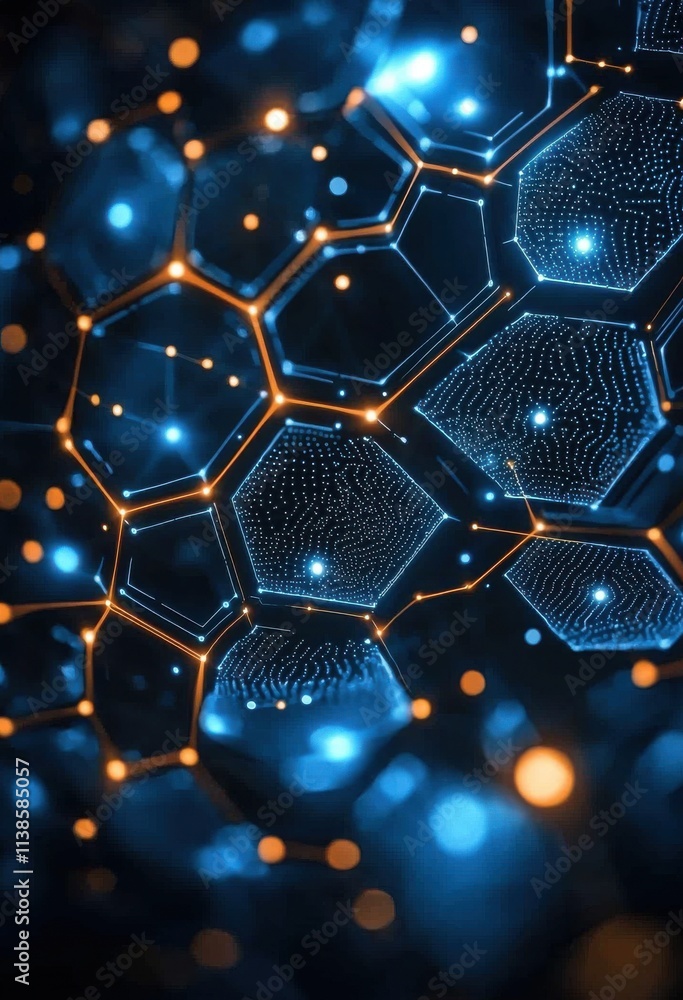 Poster abstract blue technology background with glowing hexagonal shapes