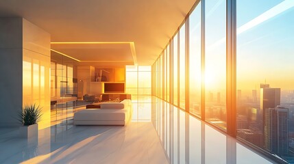 Elegant modern interior with natural light flowing through floor-to-ceiling glass panels