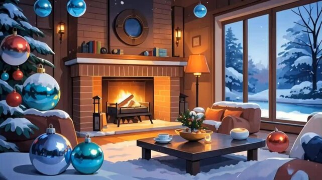 Cozy Winter Fireplace: A warm, inviting living room scene set aglow by the flickering flames of a crackling fireplace. The room is decorated with festive touches of Christmas cheer.