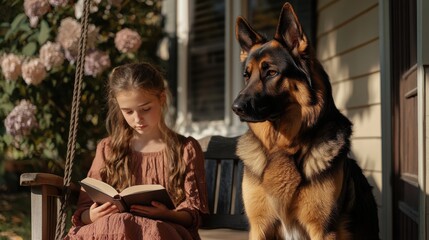 German Shepherd with girl reading book on porch swing