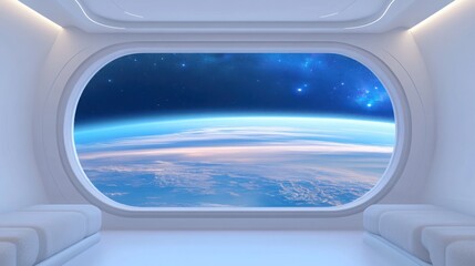 Naklejka premium a futuristic room with a panoramic window showing a stunning view of Earth from space, stars