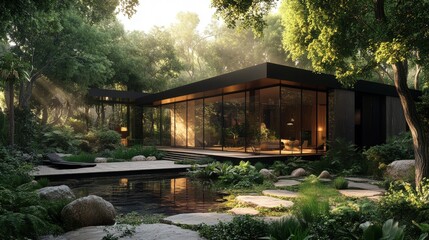Modern Glass House Surrounded by Lush Green Forest and Tranquil Pond