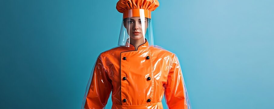 Bright orange chef uniform mockup featuring a clear coatee and toque for culinary visuals