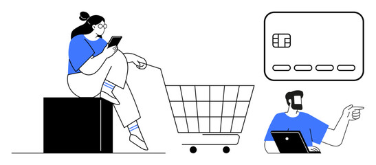 Woman using smartphone, man with laptop pointing, shopping cart and credit card icons. Ideal for e-commerce, digital payments, online shopping, retail, marketing technology consumer behavior. Line