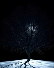 Silhouetted tree illuminated by moonlight creating enchanting shadows on the snow