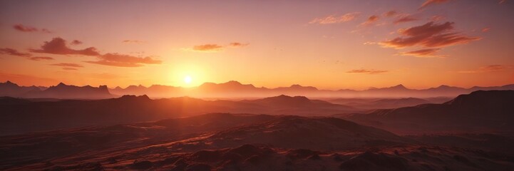 Fototapeta premium Orange sun rising over a vast landscape at dawn, expanse, mist, solitude