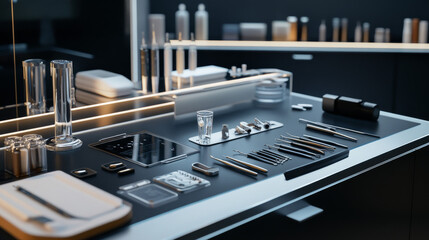 Medical instruments and devices are neatly arranged on a sleek counter, reflecting a sense of professionalism and care.