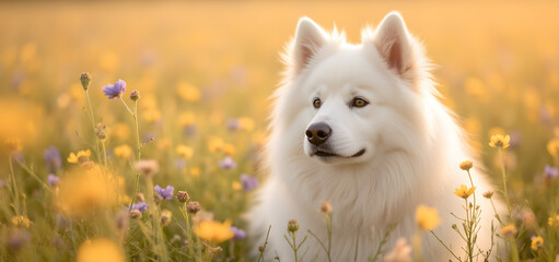 Obraz premium White Fluffy Dog in a Wildflower Meadow at Sunset