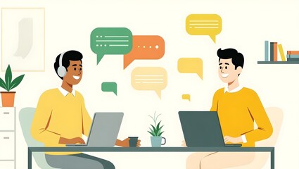 colorful flat-style illustration of two people with laptops having a productive discussion, featuring speech bubbles and communication symbols	