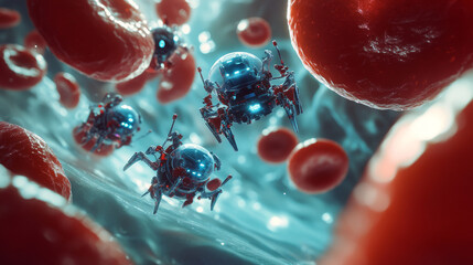 Microscopic robots navigate through a human bloodstream, surrounded by red blood cells and plasma.