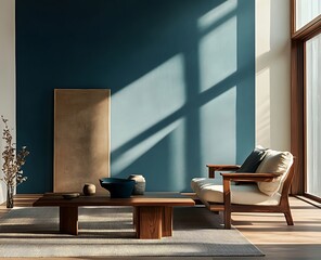 Obraz premium Refined living room with a blend of wooden and contemporary design elements, styled against a cool blue wall, bathed in soft trail lighting and shadow work