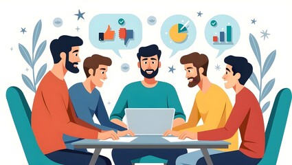 modern flat style illustration of team brainstorming session, business colleagues discussing project strategies at a round table in office	