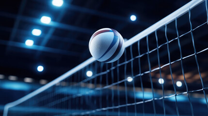 A volleyball rests on the net