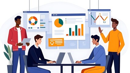 stylized vector illustration of professionals analyzing business growth charts, presenting financial data, and discussing project strategies in modern corporate office	