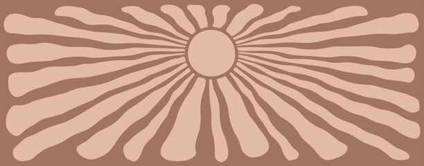 Sun groovy background mocha mousse color, summer retro radial burst, star wavy. Cartoon light beam print. Vintage pattern. Trendy colour 2025 year. Modern vector illustration