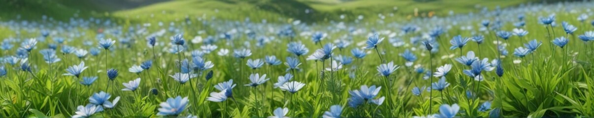 Pastel blue flowers scattered on a lush green meadow, flower field, floral arrangement