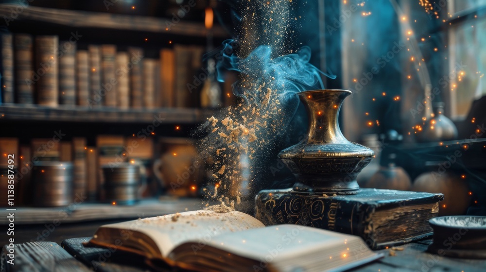 Poster magical library with glowing books and mysterious artifacts