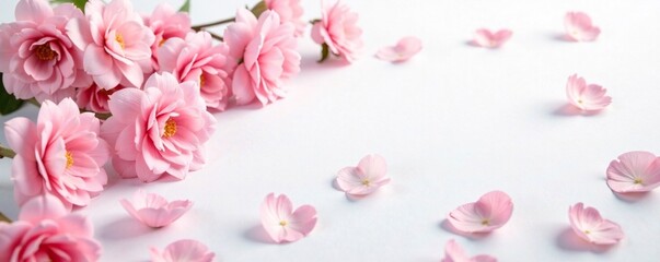 Fototapeta premium Pastel pink flowers scattered on a white surface, soft, delicate