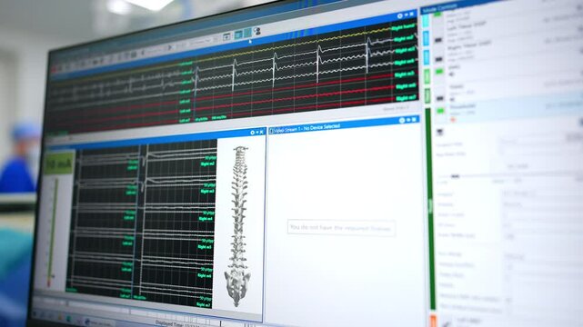 Wide screen of a computer with brain waves and image of a spine. Close up. Neurosurgery concept.