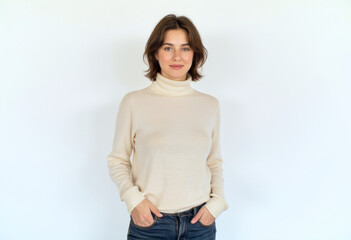 A commercial portrait photo of a model on a white studio background:  a woman standing in front of a white wall wearing a cream-colored turtleneck sweater and blue jeans, with a smile on her face.
