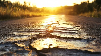 Obraz premium Detailed shot of an old road with tar-filled cracks, against a bright sunny backdrop