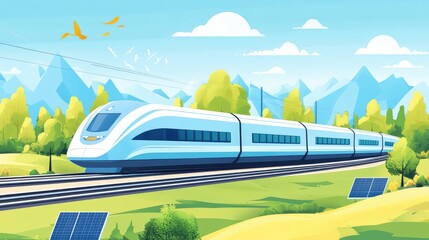A high-speed train with a streamlined eco-friendly design, powered by green energy and gliding through a landscape dotted with trees