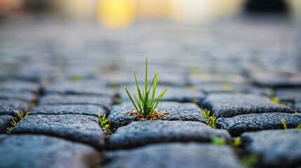 Macro shot of a cobbled road with grass sprouting through the gaps